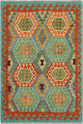 Flat Weave Kilim Antique Navaho Vintage handmade Geometric Kilim Rust Green Hand-Woven Rectangle 100% Wool Area Rug 3x5